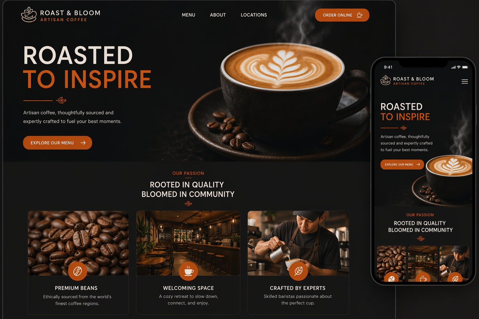 Custom coffee shop website design for Roast & Bloom Artisan Coffee