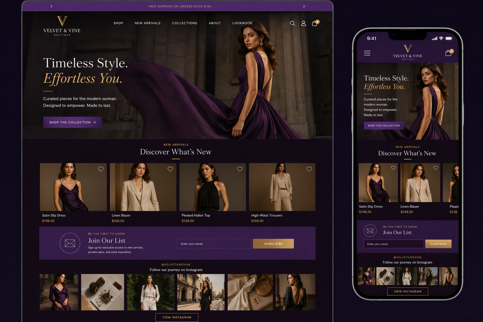 Custom e-commerce website design for Velvet & Vine Boutique
