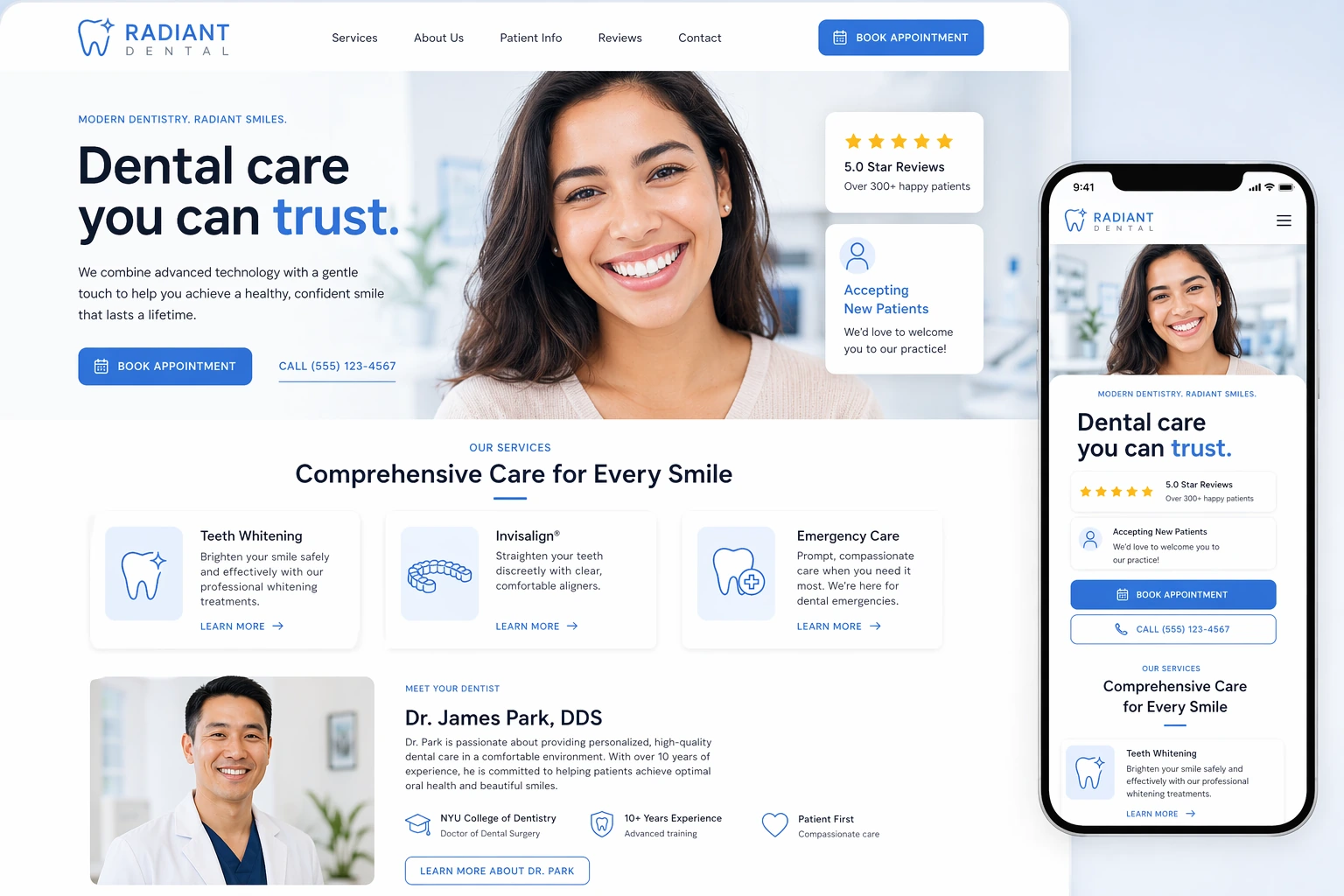 Custom dental practice website design for Radiant Dental