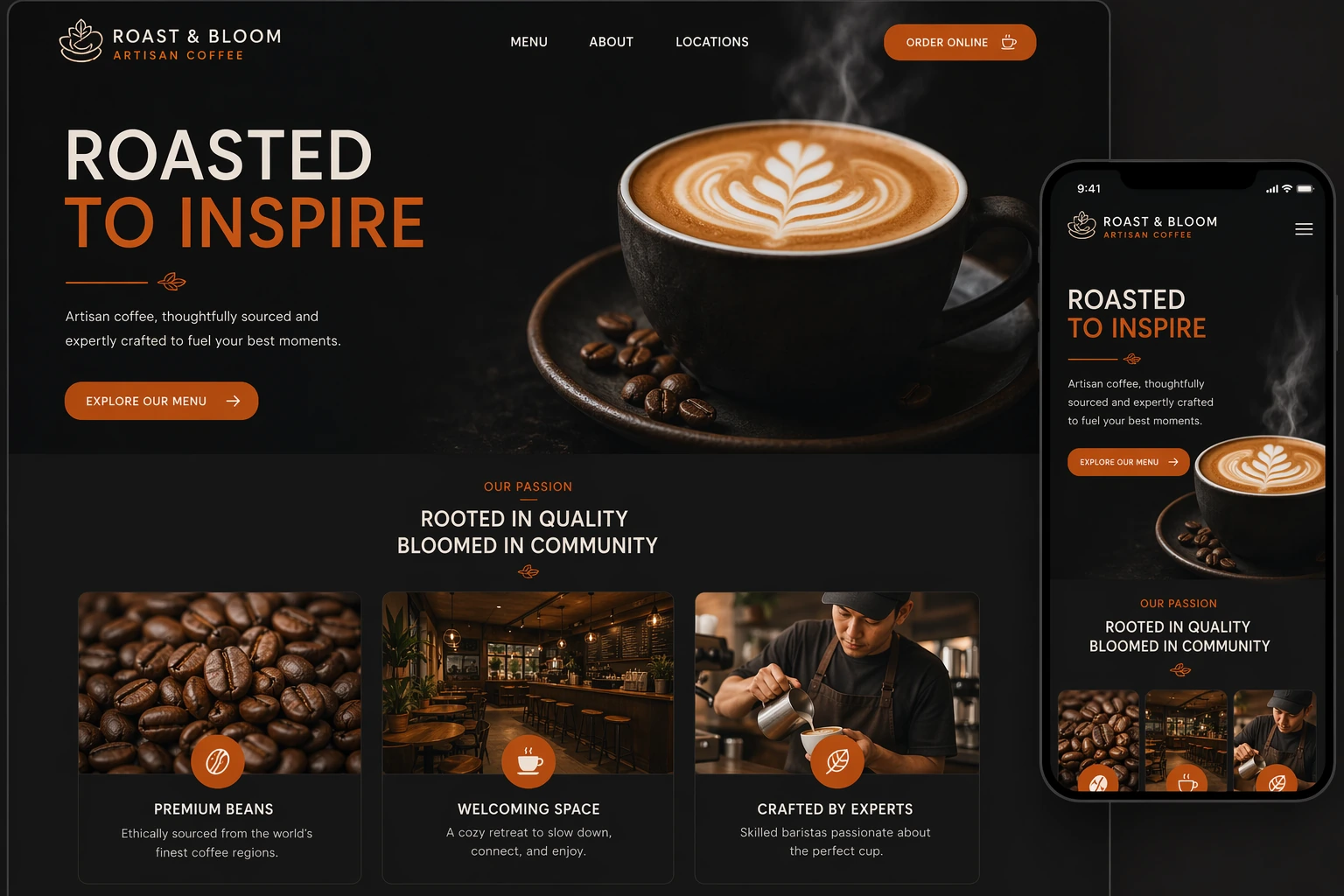 Custom coffee shop website design for Roast & Bloom Artisan Coffee