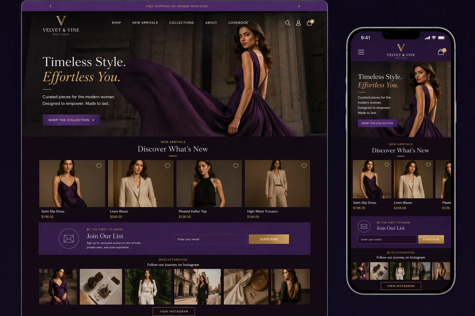 Custom ecommerce website design for Velvet & Vine Boutique